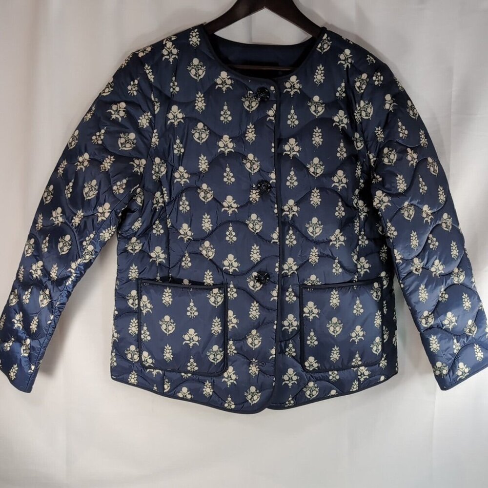 Talbots Puffer Jacket Floral Navy Blue White Button Collarless L Large VN5616